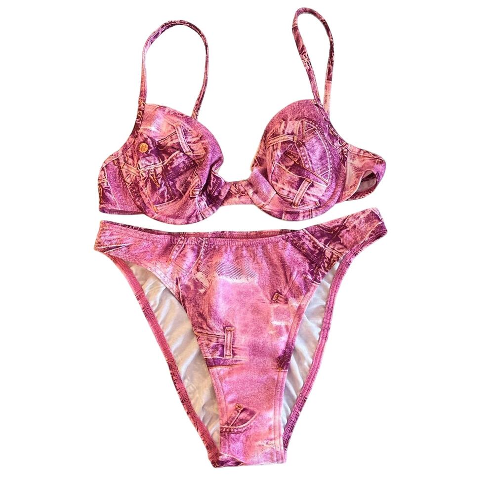 Vintage 1990s deadstock pink denim print bikini